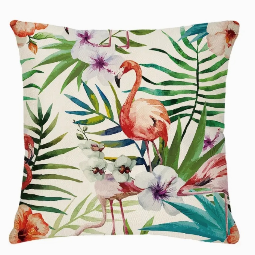 NEW FLORAL TROPICAL JUNGLE PALM TREES FLAMINGO DECORATIVE LINEN PILLOW COVER 18" - Picture 1 of 2